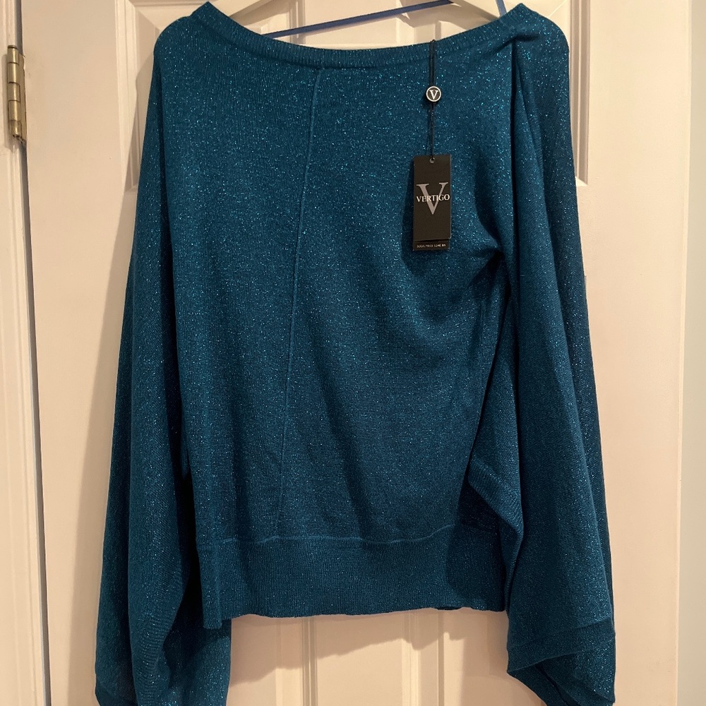 NWT Vertigo - Teal glitter boatneck sweater